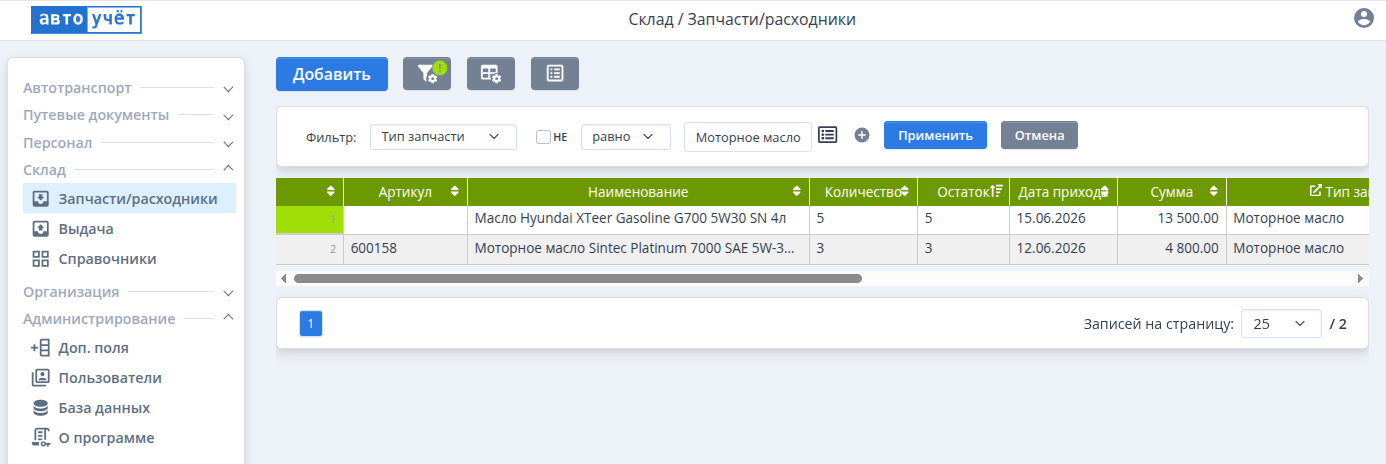 Список запчастей на складе